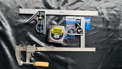 LIKE NEW EMPIRE COMBINATION SQUARES, STANLEY TAPE MEASURE AND 16” CLAMP