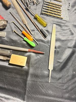 A VARIETY OF DRILL BITS, FILES AND HAND TOOLS