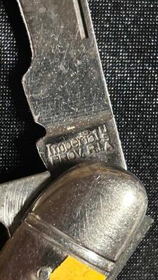 SCHRADER FOLDING KNIFE W/SHEATH, IMPERIAL POCKET KNIFE W/SAW & UNKNOWN BRAND KNIFE AND SHARPENING STONE