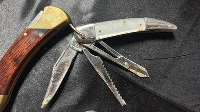 SCHRADER FOLDING KNIFE W/SHEATH, IMPERIAL POCKET KNIFE W/SAW & UNKNOWN BRAND KNIFE AND SHARPENING STONE