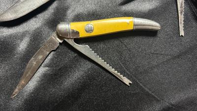 SCHRADER FOLDING KNIFE W/SHEATH, IMPERIAL POCKET KNIFE W/SAW & UNKNOWN BRAND KNIFE AND SHARPENING STONE