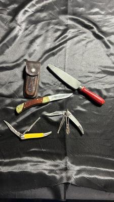 SCHRADER FOLDING KNIFE W/SHEATH, IMPERIAL POCKET KNIFE W/SAW & UNKNOWN BRAND KNIFE AND SHARPENING STONE