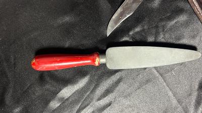 SCHRADER FOLDING KNIFE W/SHEATH, IMPERIAL POCKET KNIFE W/SAW & UNKNOWN BRAND KNIFE AND SHARPENING STONE