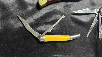 SCHRADER FOLDING KNIFE W/SHEATH, IMPERIAL POCKET KNIFE W/SAW & UNKNOWN BRAND KNIFE AND SHARPENING STONE