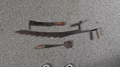 ANTIQUE HAY KNIFE AND SUGAR BEET/TURNIP KNIFE, ANTIQUE MEAT SPATULA