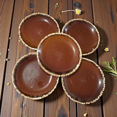 5 Brown Stoneware Dinner Plates