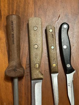 Lot of Stainless Kitchen Knives & Sharpener- Chicago Cutlery, Interpur Japan