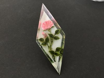 1940 Lucite Pink Rose Vintage Brooch 3 Inch Diamond Shape