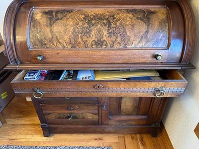 ANTIQUE EASTLAKE WALNUT CYLINDER ROLL TOP SECRETARY DESK AND BOOKCASE