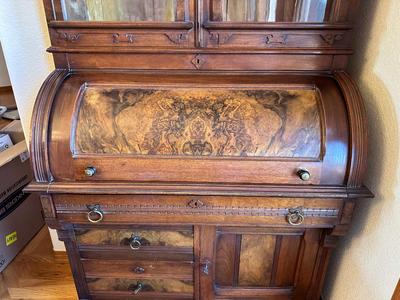 ANTIQUE EASTLAKE WALNUT CYLINDER ROLL TOP SECRETARY DESK AND BOOKCASE