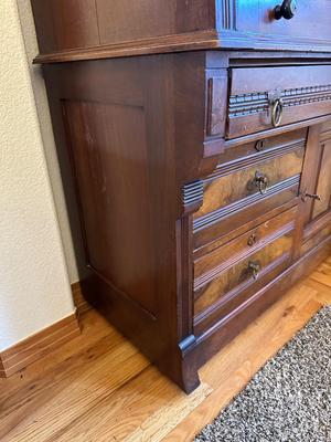 ANTIQUE EASTLAKE WALNUT CYLINDER ROLL TOP SECRETARY DESK AND BOOKCASE