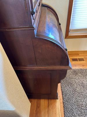 ANTIQUE EASTLAKE WALNUT CYLINDER ROLL TOP SECRETARY DESK AND BOOKCASE