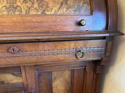 ANTIQUE EASTLAKE WALNUT CYLINDER ROLL TOP SECRETARY DESK AND BOOKCASE