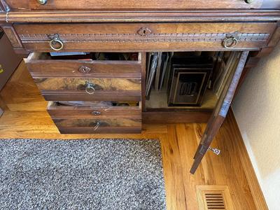 ANTIQUE EASTLAKE WALNUT CYLINDER ROLL TOP SECRETARY DESK AND BOOKCASE