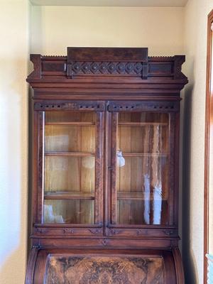 ANTIQUE EASTLAKE WALNUT CYLINDER ROLL TOP SECRETARY DESK AND BOOKCASE