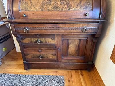ANTIQUE EASTLAKE WALNUT CYLINDER ROLL TOP SECRETARY DESK AND BOOKCASE