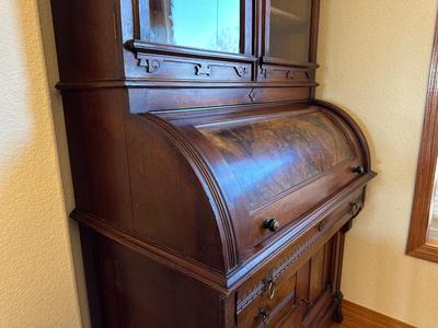 ANTIQUE EASTLAKE WALNUT CYLINDER ROLL TOP SECRETARY DESK AND BOOKCASE