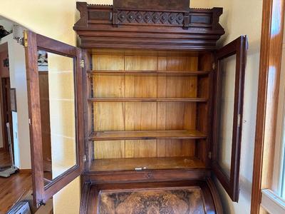 ANTIQUE EASTLAKE WALNUT CYLINDER ROLL TOP SECRETARY DESK AND BOOKCASE
