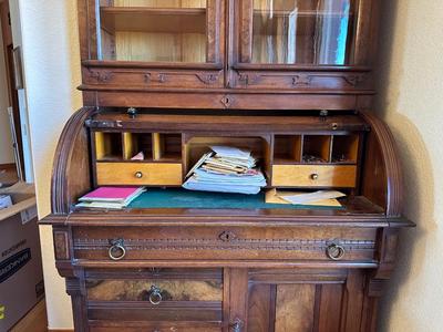 ANTIQUE EASTLAKE WALNUT CYLINDER ROLL TOP SECRETARY DESK AND BOOKCASE