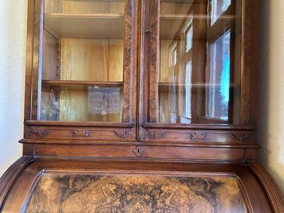 ANTIQUE EASTLAKE WALNUT CYLINDER ROLL TOP SECRETARY DESK AND BOOKCASE