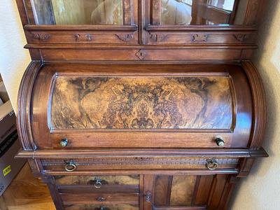 ANTIQUE EASTLAKE WALNUT CYLINDER ROLL TOP SECRETARY DESK AND BOOKCASE