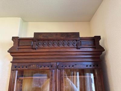 ANTIQUE EASTLAKE WALNUT CYLINDER ROLL TOP SECRETARY DESK AND BOOKCASE