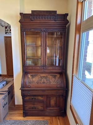 ANTIQUE EASTLAKE WALNUT CYLINDER ROLL TOP SECRETARY DESK AND BOOKCASE