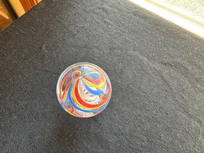 SIGNED HANDBLOWN SHRUNKEN WHITE LATTICINO SWIRL WITHIN MULTICOLORED RIBBONS