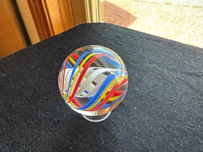 SIGNED HANDBLOWN SHRUNKEN WHITE LATTICINO SWIRL WITHIN MULTICOLORED RIBBONS