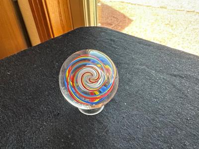 SIGNED HANDBLOWN SHRUNKEN WHITE LATTICINO SWIRL WITHIN MULTICOLORED RIBBONS