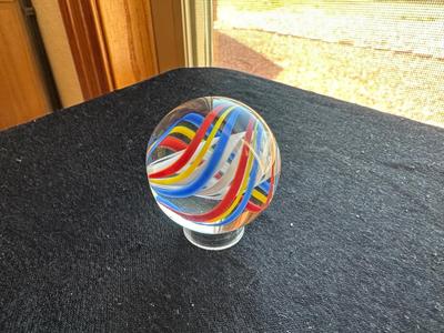 SIGNED HANDBLOWN SHRUNKEN WHITE LATTICINO SWIRL WITHIN MULTICOLORED RIBBONS