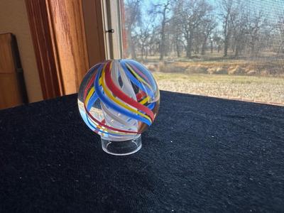 SIGNED HANDBLOWN SHRUNKEN WHITE LATTICINO SWIRL WITHIN MULTICOLORED RIBBONS