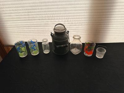 ENAMELWARE CREAM CAN, RETRO GLASSES AND DAIRY GLASS BOTTLES