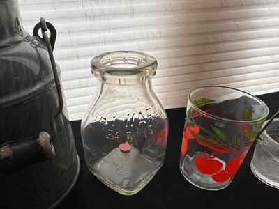 ENAMELWARE CREAM CAN, RETRO GLASSES AND DAIRY GLASS BOTTLES