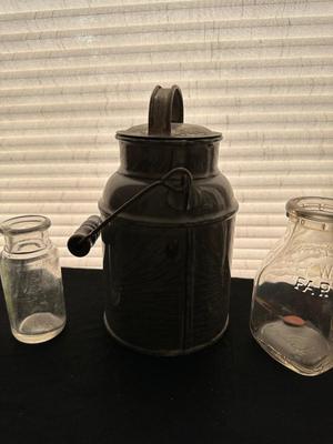 ENAMELWARE CREAM CAN, RETRO GLASSES AND DAIRY GLASS BOTTLES