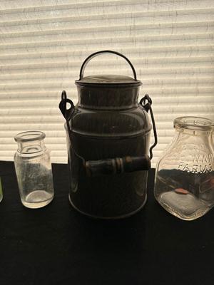 ENAMELWARE CREAM CAN, RETRO GLASSES AND DAIRY GLASS BOTTLES