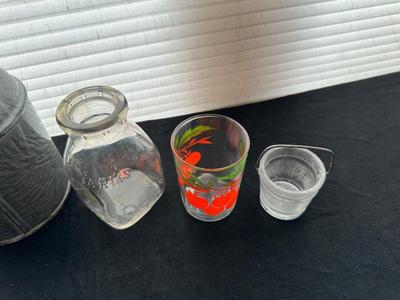ENAMELWARE CREAM CAN, RETRO GLASSES AND DAIRY GLASS BOTTLES