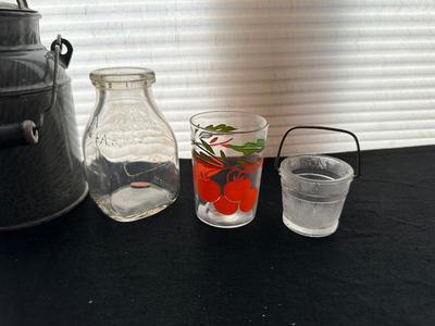 ENAMELWARE CREAM CAN, RETRO GLASSES AND DAIRY GLASS BOTTLES