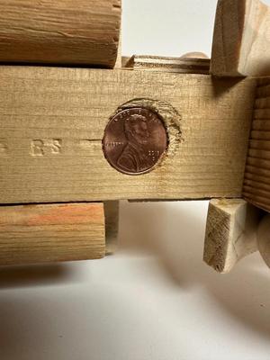 HANDCRAFTED 1 LARGE, 1 MED SIZE WOODEN TOYS WITH EMBEDDED PENNY FOR YEAR MADE