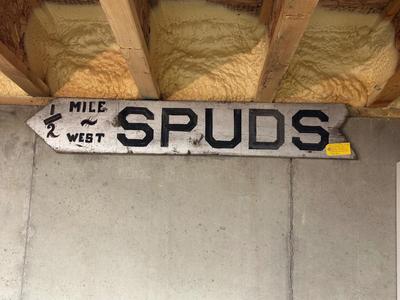 CIRCA 1940 LARGE WOODEN "SPUDS" SIGN