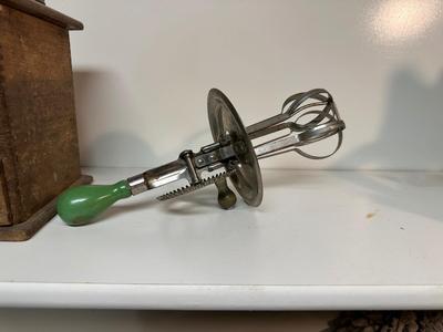 ANTIQUE COFFEE GRINDER AND A HAND MIXER
