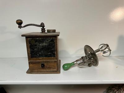 ANTIQUE COFFEE GRINDER AND A HAND MIXER