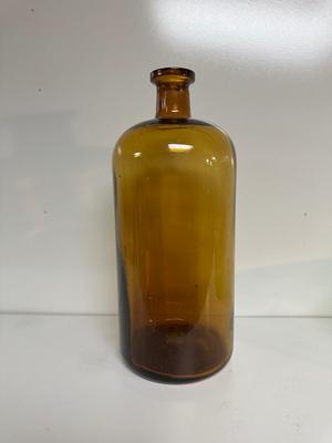 IRIDESCENT SUNSET CARNIVAL GLASS VASE, GREEN DEPRESSION GLASS COOKIE JAR AND BROWN GLASS BOTTLE