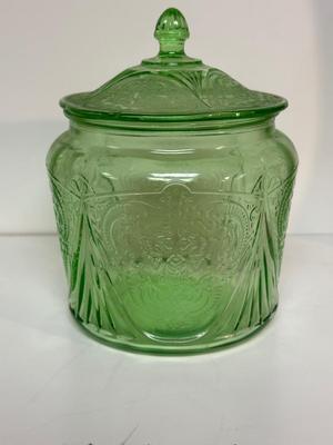 IRIDESCENT SUNSET CARNIVAL GLASS VASE, GREEN DEPRESSION GLASS COOKIE JAR AND BROWN GLASS BOTTLE