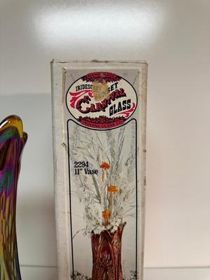 IRIDESCENT SUNSET CARNIVAL GLASS VASE, GREEN DEPRESSION GLASS COOKIE JAR AND BROWN GLASS BOTTLE