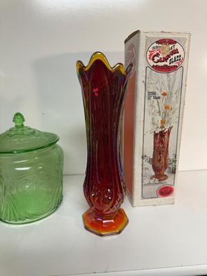 IRIDESCENT SUNSET CARNIVAL GLASS VASE, GREEN DEPRESSION GLASS COOKIE JAR AND BROWN GLASS BOTTLE