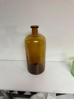 IRIDESCENT SUNSET CARNIVAL GLASS VASE, GREEN DEPRESSION GLASS COOKIE JAR AND BROWN GLASS BOTTLE