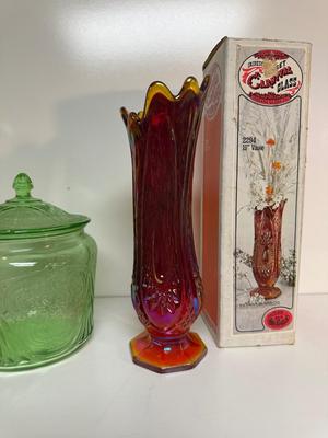 IRIDESCENT SUNSET CARNIVAL GLASS VASE, GREEN DEPRESSION GLASS COOKIE JAR AND BROWN GLASS BOTTLE