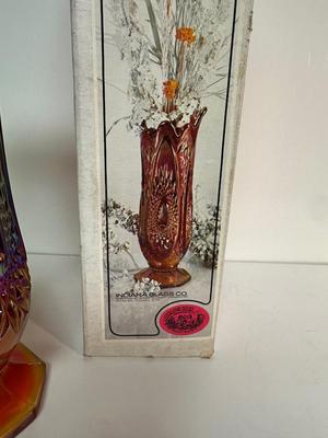 IRIDESCENT SUNSET CARNIVAL GLASS VASE, GREEN DEPRESSION GLASS COOKIE JAR AND BROWN GLASS BOTTLE