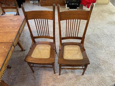 GORGEOUS ANTIQUE TABLE WITH 4 LEAVES AND 8 CANE SEAT CHAIRS
